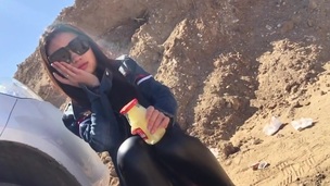 Horny teen in sunglasses getting fucked from behind in the mountains