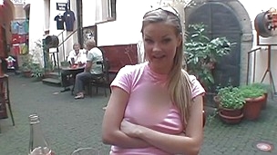 I'm at a table with this Czech baby named Tarra. This babe has a pair of fantastic boobs and these hard nipples can be seen through her pink t-shirt. People are passing by and we continue to talk until I convince her to show me these hot boobs. Then it's her pussy turn, I have a hunch it and after we go in the baths